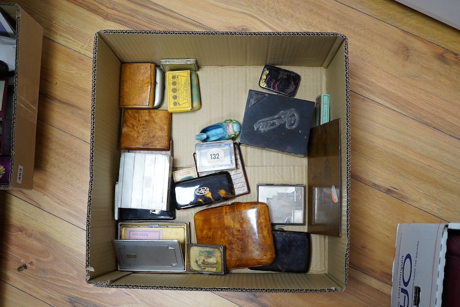 A silver mounted onyx and lapis match box with a shagreen striker to base, a larger similar silver mounted onyx cigarette box together with tortoiseshell, lacquer and mixed metal cigarette and cigar boxes etc., lapis and